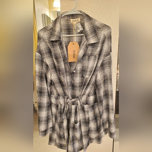 Checkered Plaid Long sleeve Linen Dress - Picture 2 of 3